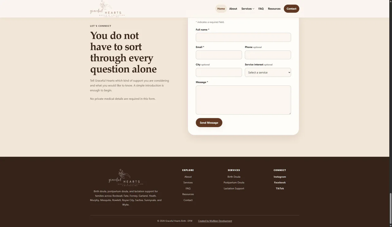 Graceful Hearts Birth contact and footer area after redesign on desktop.
