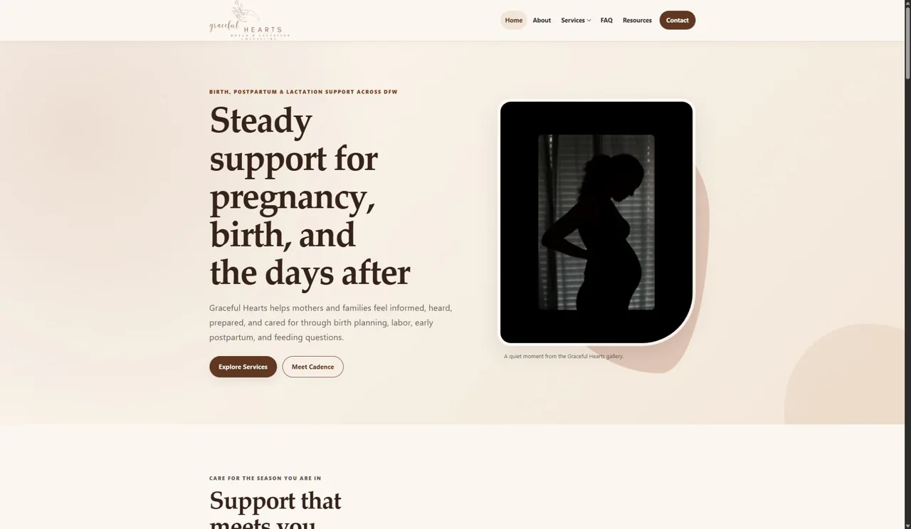 Graceful Hearts Birth homepage after redesign on desktop.