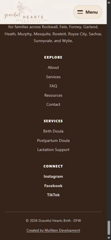 Graceful Hearts Birth footer and navigation area after redesign on mobile.