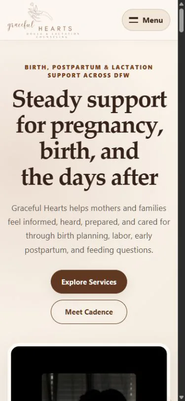 Graceful Hearts Birth homepage after redesign on mobile.