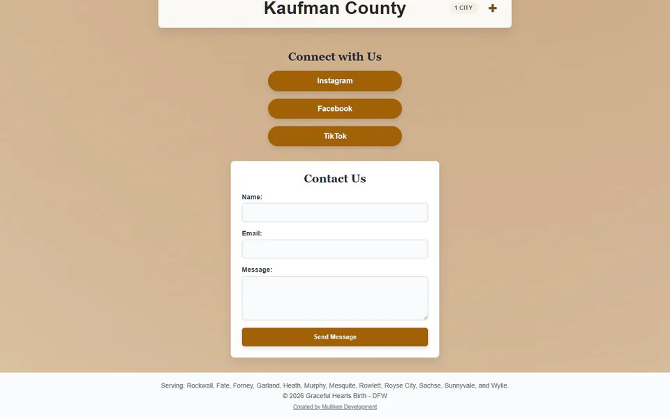 Graceful Hearts Birth contact and footer area before redesign on desktop.