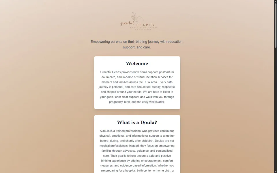 Graceful Hearts Birth homepage before redesign on desktop.