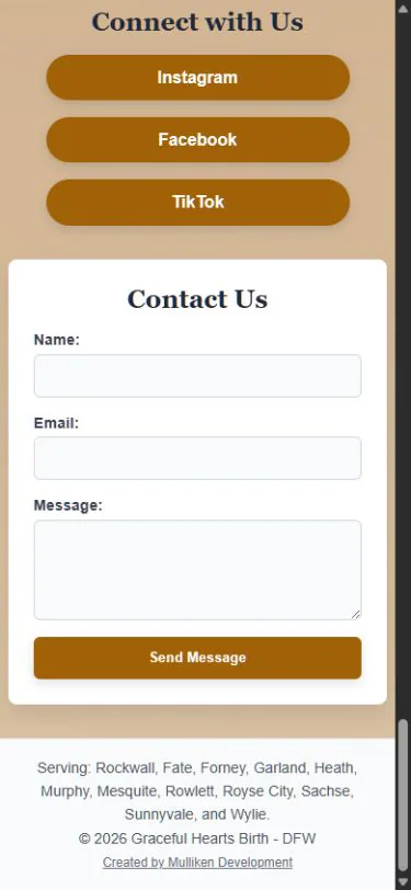 Graceful Hearts Birth footer area before redesign on mobile.