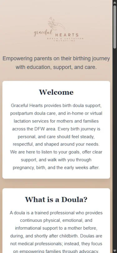 Graceful Hearts Birth homepage before redesign on mobile.