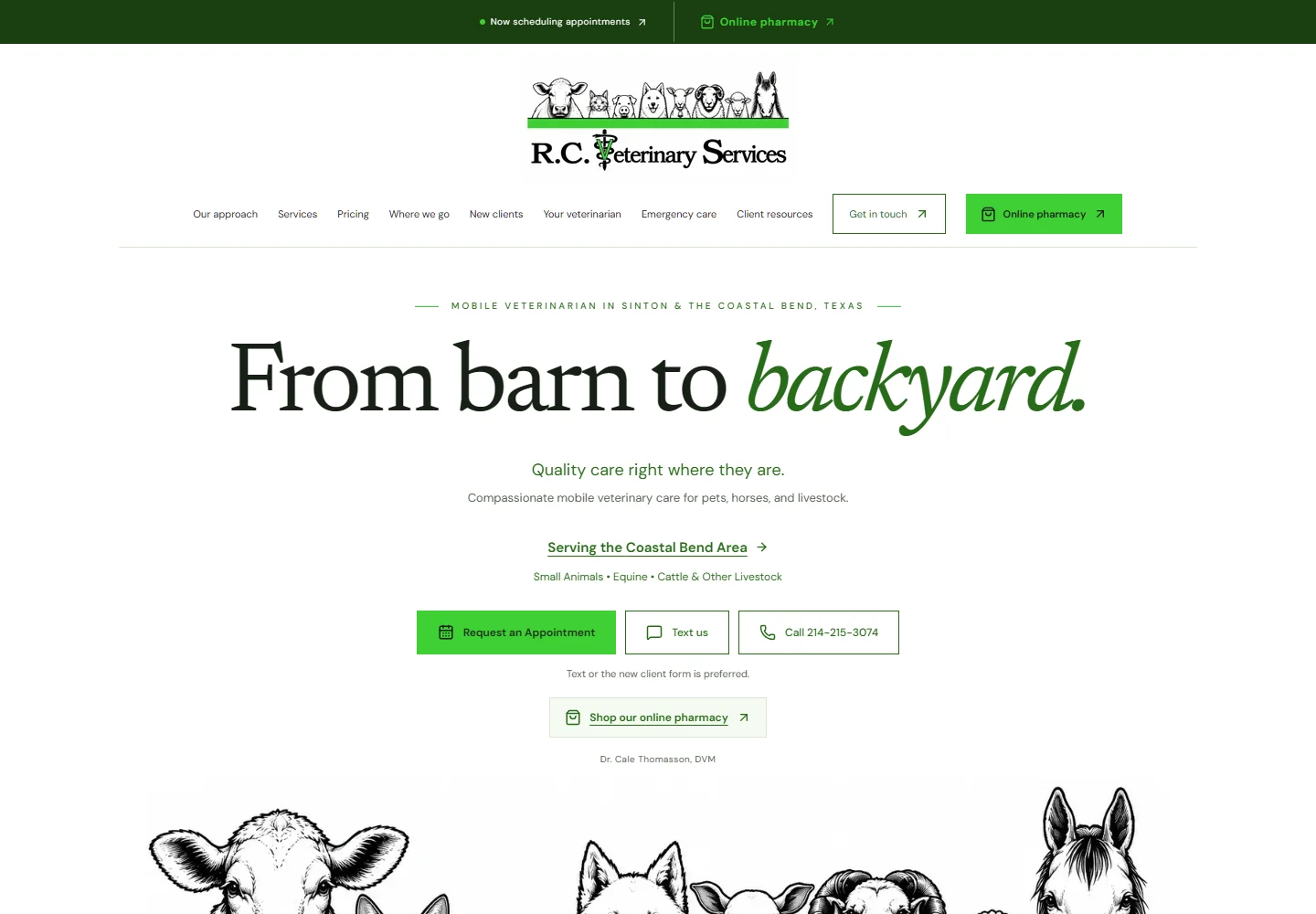 R.C. Veterinary Services homepage with its From barn to backyard headline and appointment links.